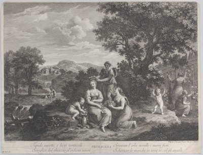 Primavera, en gruppe kvinner som samler blomster og lager kroner av dem, ca. 1764. av Giovanni Volpato