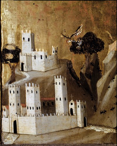 Rinuccini altertavle: Jomfru og barn med hellige - Detalj av predellen som viser en by - tempera på panel av Giovanni da Milano