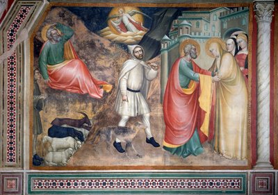 Jomfruens liv: kunngjøringen til Joachim og møte med den hellige Anne ved den gyldne porten (Fresco av Giovanni da Milano