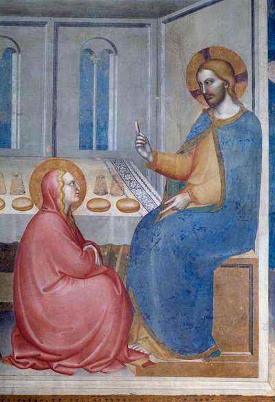 Jomfruens liv: Kristus i huset til Martha og Maria (detalj) - Fresco av Giovanni da Milano