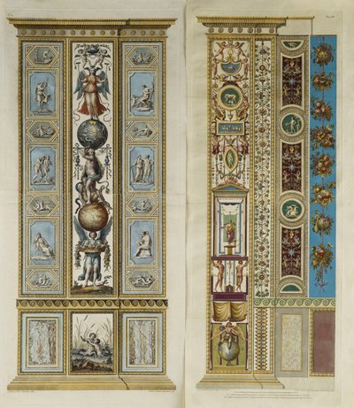 Arabesque-dekorasjoner i Vatikanets loggia (farget gravering) av Giovanni da Udine (after)