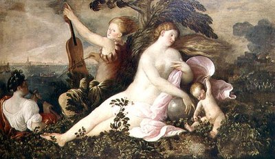 Allegori om en venetiansk seier, den sentrale figuren av Fortune eller Chance akkompagnert av figurer som symboliserer natur og musikk, ca. 1518 av Giovanni de Busi Cariani