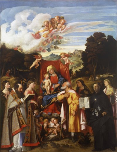 Madonna Enthroned with Angels, St. Apollonia, St. Augustine, St. Catherine, St. Joseph, St. Grata, St. Philip Benizzi og St. Barbara (St. Gotthard altertavle) av Giovanni de Busi Cariani