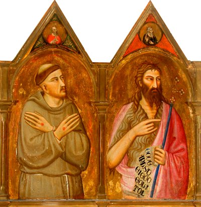 Saint Francis og Johannes døperen (venstre paneler av triptyk) (tempera og bladgull på panel) av Giovanni del (follower of) Biondo