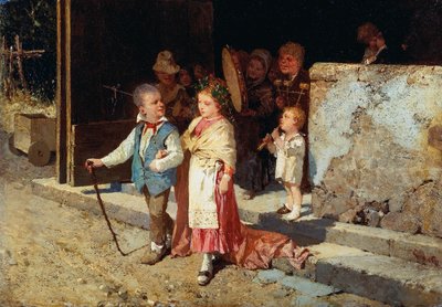 Ungt ektepar, av Giovanni Del Re (1829-1919), olje på panel, 23x33 cm av Giovanni del Re
