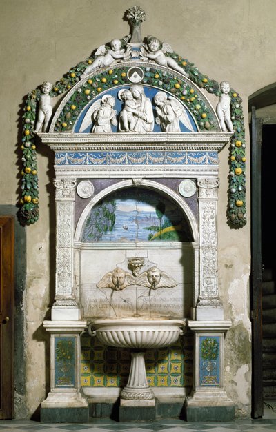 Decoree-fontene med høyt relieff i marmor og terrakotta av Giovanni della Robbia (1469-1529) 1498. Santa Maria Novella sakristi, Firenze av Giovanni della Robbia