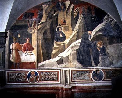 St. Benedikt mottar brød og en kappe fra eremitten Romano, detalj fra freskosyklusen av St. Benedikts liv fra Chiostro degli Aranci (appelsinens kloster) ca. 1430-tallet (fresko) av Giovanni di Consalvo (attr. to)