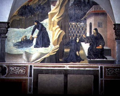 St. Benedict sender Mauro for å redde den druknende Placidus fra innsjøen, detalj fra freskosyklusen av St. Benedikts liv fra Chiostro degli Aranci (appelsinens kloster) ca. 1430-tallet (fresko) av Giovanni di Consalvo (attr. to)