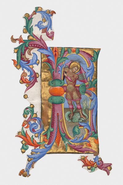 Initiale R oder B: Heiliger Michael und der Drache, Ausschnitt aus einem Antiphonar av Giovanni di Paolo