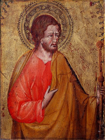 Representasjon av Saint James the Pelerin Dette er Saint James the Major eller Saint James, sønn av Sebedeus. Maleri av Giovanni di Paolo (1395 / 1400-1482) Assisi fra 1400-tallet, Museum of the Treasury of the Basilica of San Francesco og Perkins Collecti av Giovanni di Paolo