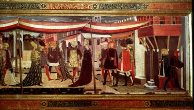 Renessanse bryllupsseremoni Detalj av venstre del av panelet som dekorerer Cassone Adimari. Bryllupsscene på Piazza del Duomo (Plaza de la Cathedrale Santa Maria del Fiore). Par i kortegen avanserer under en baldakin. Maleri av Giovanni di Ser G av Giovanni di Ser Giovanni Scheggia