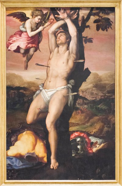 Den hellige Sebastian mottar Martyrdommens krone og palme av Girolamo (1521 c.1580) Siciolante