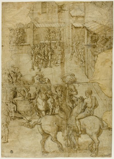 Mytologisk konkurranse (recto); Uleselige inskripsjoner og anatomiske studier av hodet (verso) av Girolamo Genga
