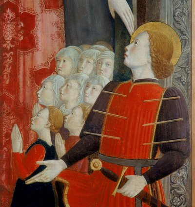 Detalj av St. Sebastian, Madonna della Misericordia med St. Venantius og St. Sebastian, 1463 av Girolamo Giovanni