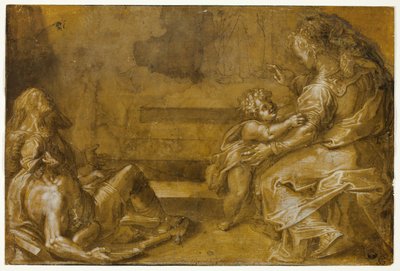 To liggende tiggere, og sittende mor og barn, ved foten av trinnene av Girolamo Macchietti