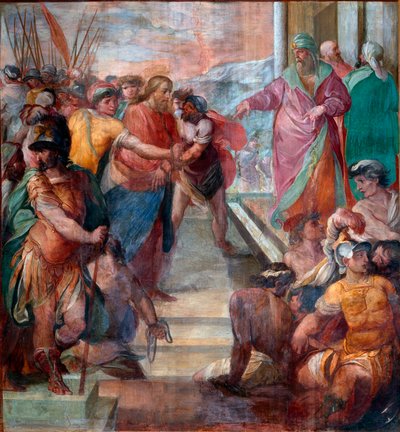 Kristus ledes foran Caiphus Detalj av en av freskene av Kristi lidenskap laget av Girolamo Massei (1540-1614) 1594-1600 Roma, Santa Prassede av Girolamo Massel
