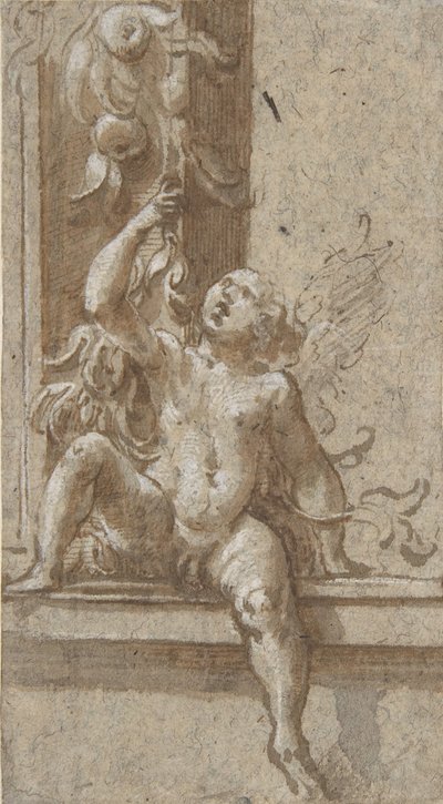 En putto sittende på en ramme, ca. 1538-40. av Girolamo Mazzola Bedoli