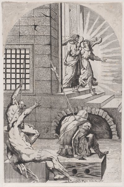 Sankt Peter ble løslatt fra fengselet av engelen, 1650-70. av Girolamo Pedrignani