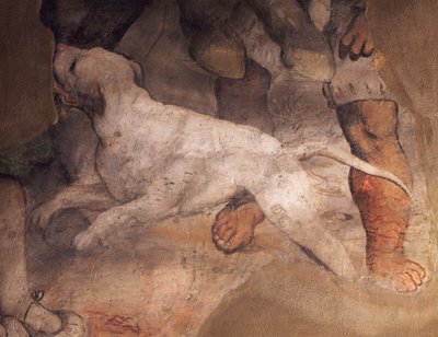 Figur av hund, detalj fra freskomaleri av Girolamo Romanino (ca1484-1566), Sant'Antonio (St Anthony) kirke, Breno, Italia av Girolamo Romanino