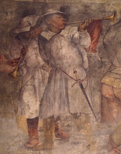 Figur av mann som spiller trompet, detalj fra freskomaleri av Girolamo Romanino (ca. 1484-1566), St. Anthony (Saint