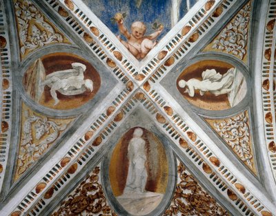 Mosaikknisjer og statuer, Detalj av fresker av Girolamo Romanino (ca 1484-etter 1559), på oppdrag av Bernardo Clesio av Girolamo Romanino