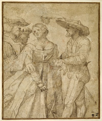 Scene med tapperhet: fire figurer som står mot en landskapsbakgrunn (penn og brunt blekk på brunt papir) av Girolamo Romanino