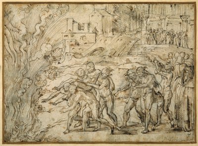 Bålet reist foran Hannibals tropper ved fallet av Saguntum (penn og brunt blekk med brun vask) av Girolamo Romanino