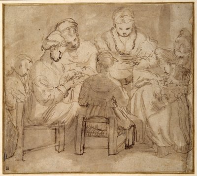 Kvinner og jenter sitter rundt et bord og syr (penn og brunt blekk med brun vask på papir) av Girolamo Romanino