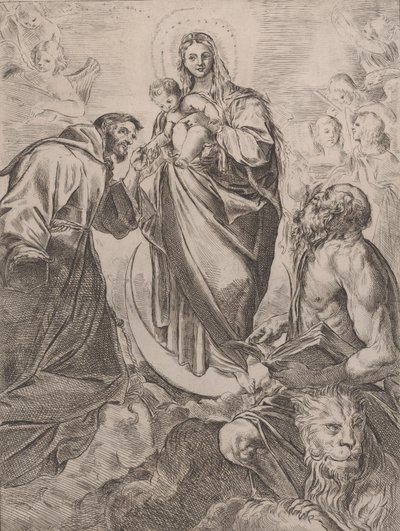 Jomfruen med de hellige Hieronymus og Frans, 1660-80. av Girolamo Rossi