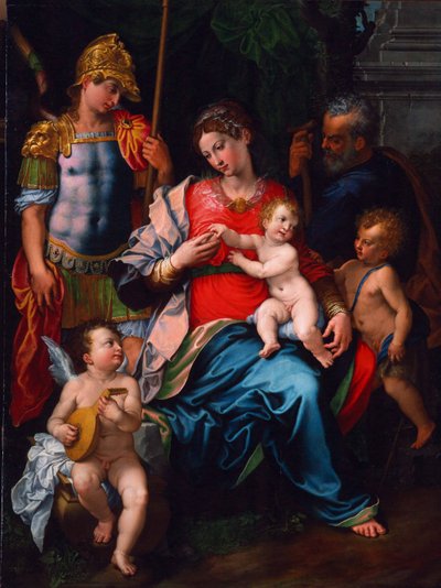 Jomfru og barn med de hellige døperen Johannes, erkeengelen Mikael og Josef, 1545 av Girolamo Sciolante da Sermoneta