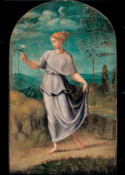 Ung kvinne holder en blomst med et omfattende landskap utenfor av Girolamo da Carpi