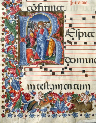 Decoree lettrine som viser Kristus og spedalske miniatyr av Girolamo da Cremona (aktiv rundt 1451-1483) og Liberale da Verona (1445-1529) fra et kor (Cod. 19/4. c.26.) fra katedralen i Siena. Cathedrale (Duomo) fra 1400-tallet i Siena, Italia av Girolamo da Cremona
