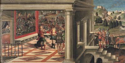 Scener fra Orlando Furioso (olje på lerret lagt på panel) av Girolamo da Santacroce