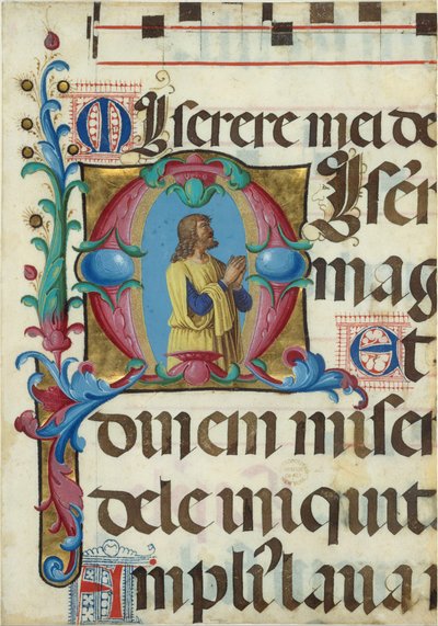 Manuskriptbelysning med David i bønn i en innledende M, fra en psalter, italiensk, 1501-2. av Girolamo dai Libri