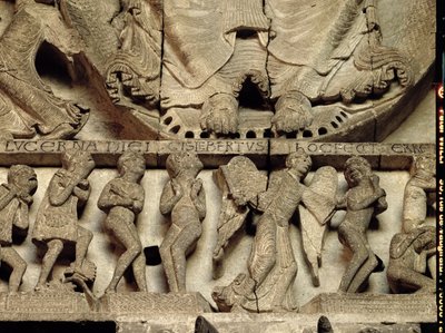 West Portal tympanon som viser den siste dommen: detalj av Kristi føtter, en engel og dødelige, ca. 1130-35 kalkstein av Gislebertus