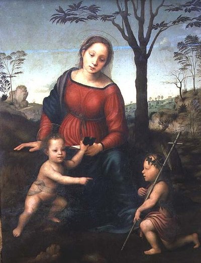 Madonna og barn med spedbarnet døperen Johannes av Giuliano Bugiardini
