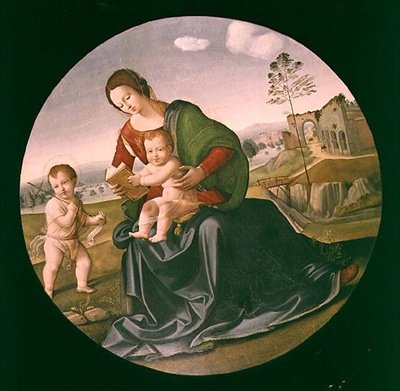 Madonna og barn med spedbarnet St. Johannes døperen (panel) av Giuliano Bugiardini