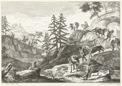 Fjelllandskap med ryttere som leder hester nedover på en sti Italienske landskap (serietittel) av Giuliano Giampiccoli