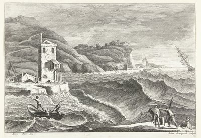 Kystlandskap med storm til sjøs og brannfyr Italienske landskap (serietittel) av Giuliano Giampiccoli