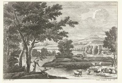 Landskap med gjetere og storfe by Water Italian Landscapes (serietittel) av Giuliano Giampiccoli