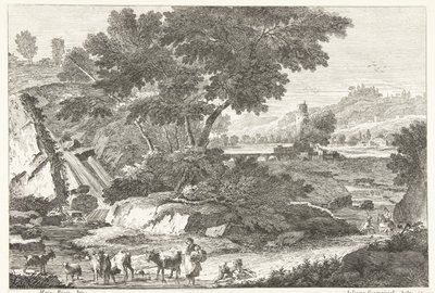 Landskap med gjetere og storfe ved fossen Italienske landskap (serietittel) av Giuliano Giampiccoli