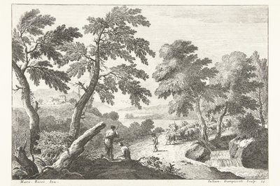 Landskap med gjetere på vei forbi en liten foss Italienske landskap (serietittel) av Giuliano Giampiccoli