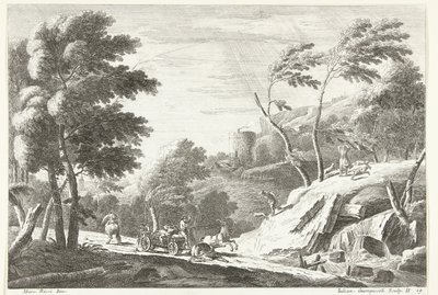 Landskap med tordenvær og skremte dyr ved en liten foss Italiensk landskap (serietittel) av Giuliano Giampiccoli