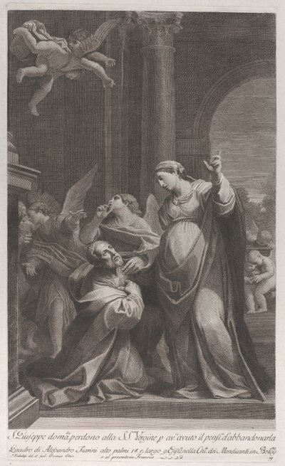 Saint Joseph ber jomfruen om tilgivelse for å ha tenkt på å forlate henne..., 1760-1800. av Giuliano Traballesi