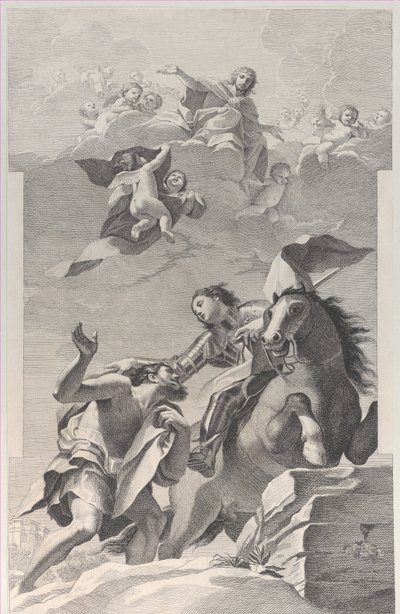 Saint Martin, på hesteryggen, og ga kappen sin til en tigger..., 1760-1800. av Giuliano Traballesi
