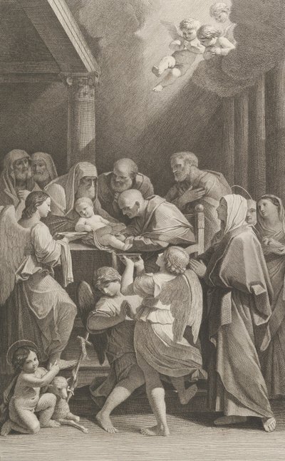 Kristi omskjæring, en gruppe menn, kvinner og engler som omgir ham, den..., ca. 1760-1800. av Giuliano Traballesi