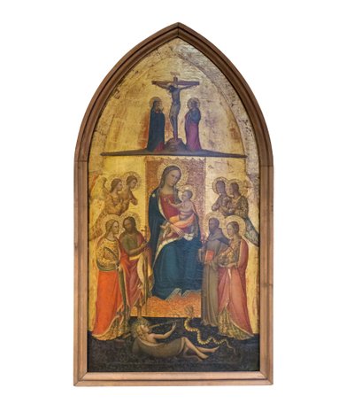 Tronende Madonna med barn blant fire engler og helgener av Giuliano di Simone da Lucca