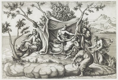 Latona gir fødsel til Apollo og Diana, gravert av Diana Mantovana (f.1535), etter 1575 (gravering) av Giulio (after) Romano