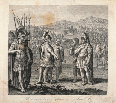 Møte mellom Hannibal og Scipio under de puniske krigene (etsing) av Giulio (after) Romano
