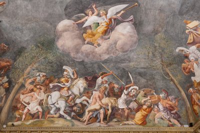 Ajax beskytter Patroclus sitt lik under slaget ved Troy, The Trojan Horse, Chamber of Troy (Sala di Troia) av Giulio (and workshop) Romano